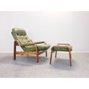 Chaise longue vintage en cuir vert et ottoman par G-Mobel, 1970