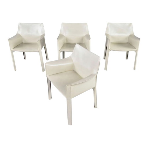 Lot de 4 chaises de salle à manger en cuir Cassina Cab 413 par Mario Bellini