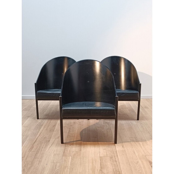 Image 1 of Fauteuil Pratfall vintage en bois foncé et cuir noir par Philippe Starck