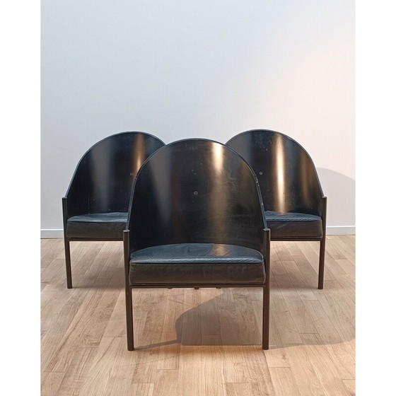 Image 1 of Fauteuil Pratfall vintage en bois foncé et cuir noir par Philippe Starck