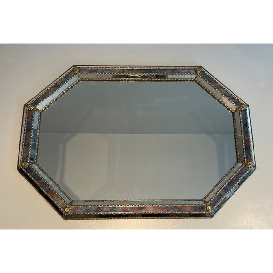 Image 1 of Miroir rectangulaire vintage composé de miroirs à multiples facettes et de guirlandes en laiton, France 1970