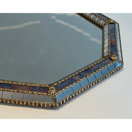 Image 1 of Miroir rectangulaire vintage composé de miroirs à multiples facettes et de guirlandes en laiton, France 1970