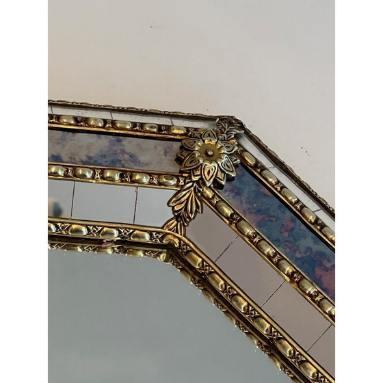 Image 1 of Miroir rectangulaire vintage composé de miroirs à multiples facettes et de guirlandes en laiton, France 1970