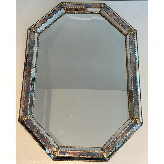 Image 1 of Miroir rectangulaire vintage composé de miroirs à multiples facettes et de guirlandes en laiton, France 1970