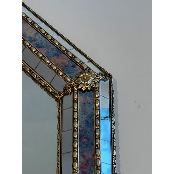 Image 1 of Miroir rectangulaire vintage composé de miroirs à multiples facettes et de guirlandes en laiton, France 1970