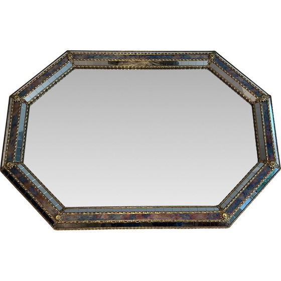 Image 1 of Miroir rectangulaire vintage composé de miroirs à multiples facettes et de guirlandes en laiton, France 1970