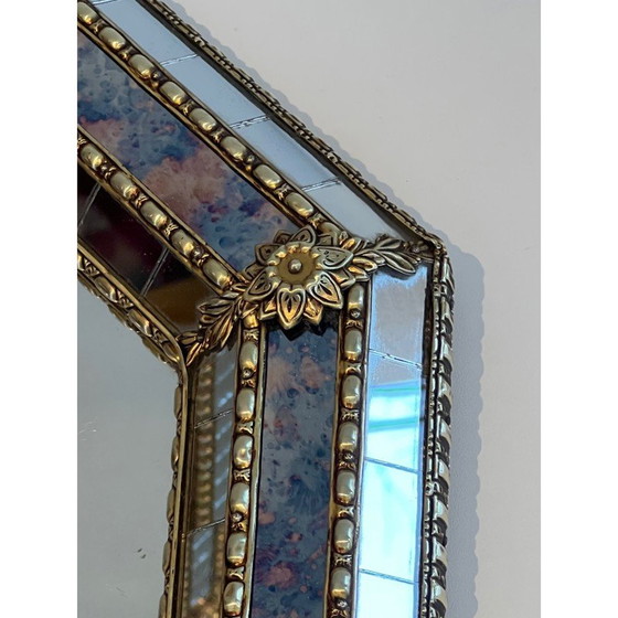 Image 1 of Miroir rectangulaire vintage composé de miroirs à multiples facettes et de guirlandes en laiton, France 1970