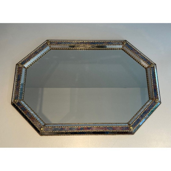 Image 1 of Miroir rectangulaire vintage composé de miroirs à multiples facettes et de guirlandes en laiton, France 1970