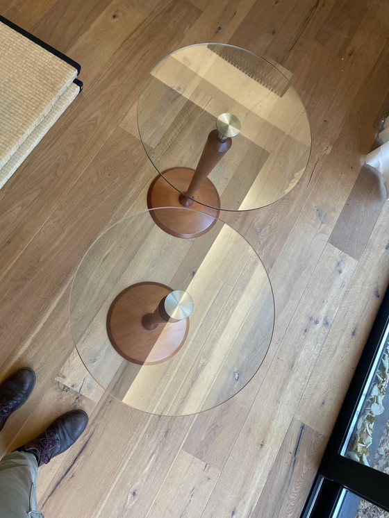 Image 1 of Calligaris Italia Circle Round Glass/ Cherry Wood Living Room Tables.