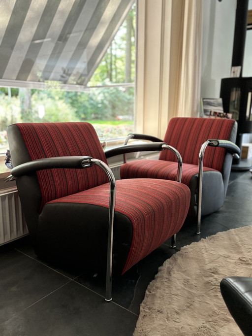 2x Leolux Scylla Tissu rayé rouge avec cuir marron