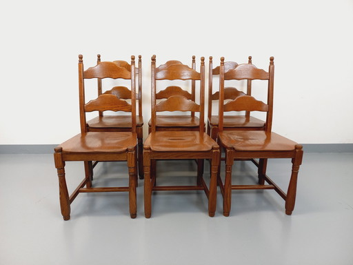 Suite De 6 Chaises Brutalistes Vintage En Bois De Chêne Des Années 60