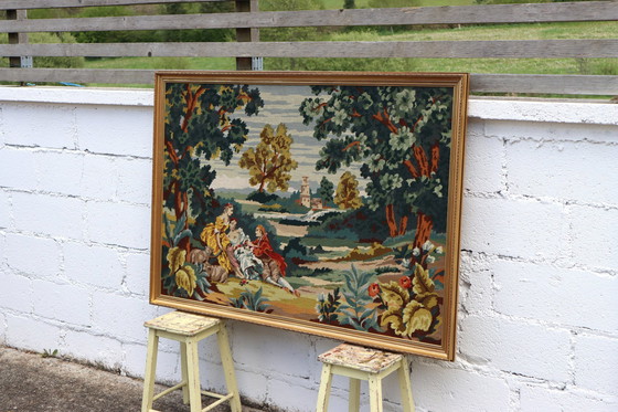 Image 1 of Français vintage grande chute d'aiguille papier peint-grand vintage encadré œuvre d'art baroque jardin-scène-70S