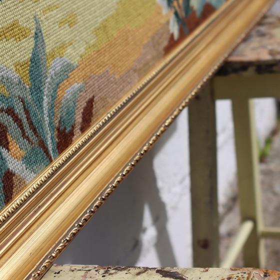 Image 1 of Français vintage grande chute d'aiguille papier peint-grand vintage encadré œuvre d'art baroque jardin-scène-70S