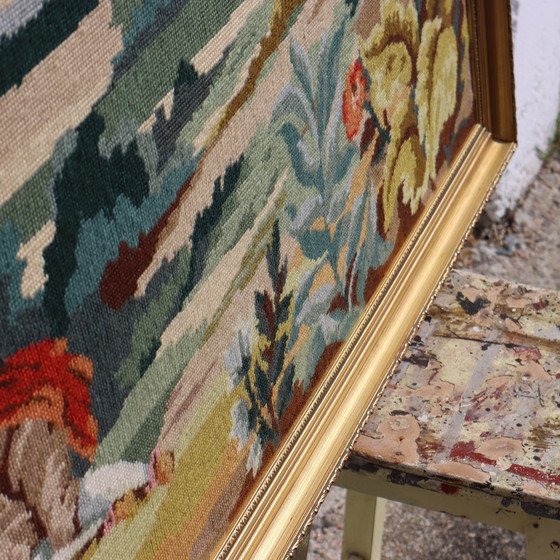 Image 1 of Français vintage grande chute d'aiguille papier peint-grand vintage encadré œuvre d'art baroque jardin-scène-70S