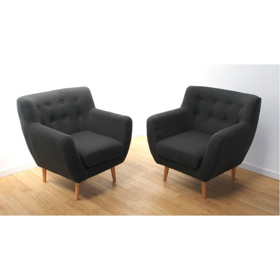 Image 1 of Paire de fauteuils vintage en bois clair et tissu gris