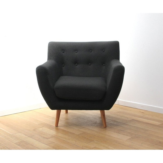 Image 1 of Paire de fauteuils vintage en bois clair et tissu gris