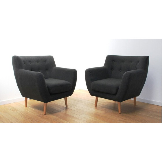 Image 1 of Paire de fauteuils vintage en bois clair et tissu gris