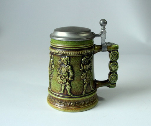 Original Gerz Chope De Bière Avec Couvercle En Étain Vert Olive Avec Relief - Vintage