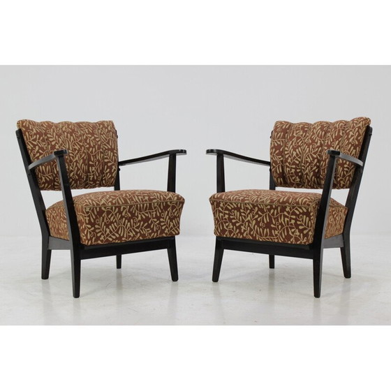 Image 1 of Paire de fauteuils tchèques avec revêtement marron d'origine - années 1950