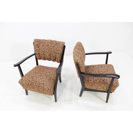 Image 1 of Paire de fauteuils tchèques avec revêtement marron d'origine - années 1950