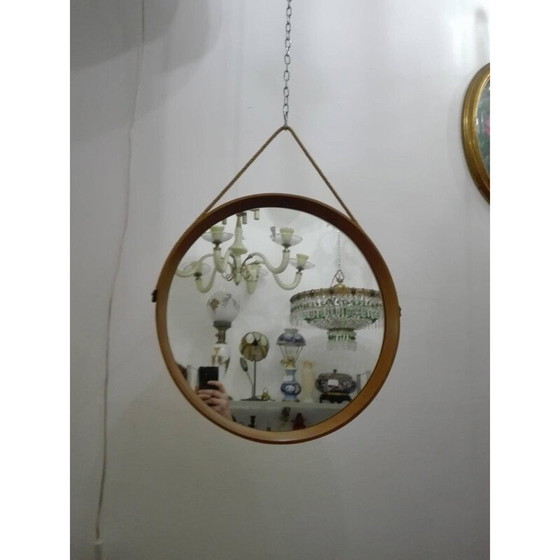 Image 1 of Miroir mural scandinave vintage en bois encadré de forme circulaire par Uno et Östen Kristiansson pour Luxus, 1960