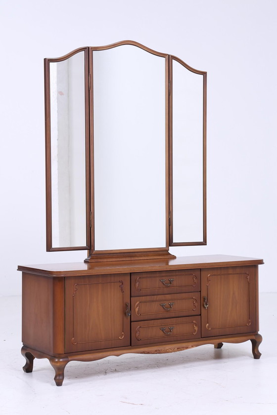 Image 1 of Coiffeuse de style Chippendale | Design élégant avec miroir rabattable et tiroirs | Commode vintage miroir en bois