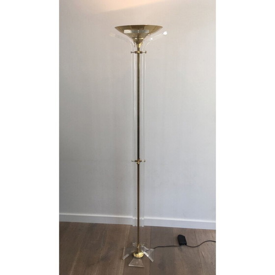 Image 1 of Lampadaire vintage en laiton doré et plexiglas, Italie 1970