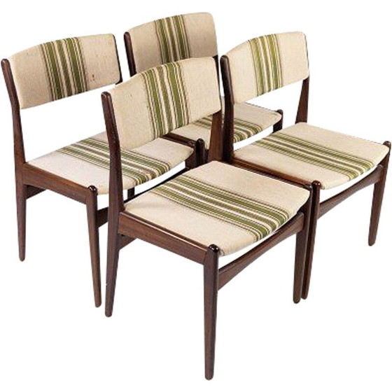 Image 1 of Ensemble de 4 chaises vintage en teck recouvertes de tissu rayé par Erik Buch 1960s