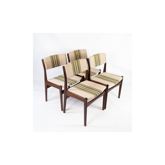 Image 1 of Ensemble de 4 chaises vintage en teck recouvertes de tissu rayé par Erik Buch 1960s