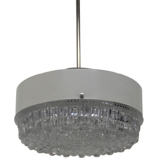 Lampe suspendue vintage en verre et métal blanc, Tchécoslovaquie 1960