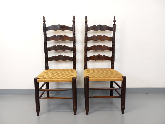 Image 1 of Paire De Chaises Vintage Arts & Crafts Style Antonio Calligaris En Bois De Chêne Et Corde Des Années 50
