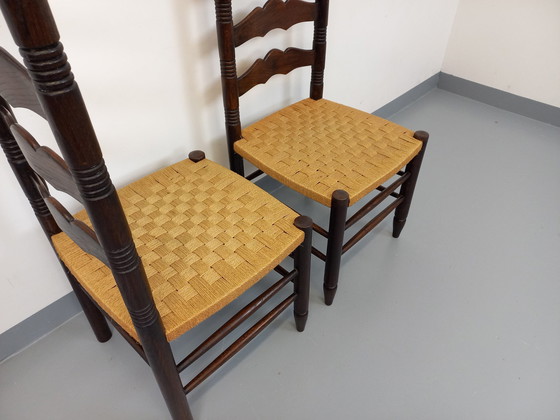 Image 1 of Paire De Chaises Vintage Arts & Crafts Style Antonio Calligaris En Bois De Chêne Et Corde Des Années 50