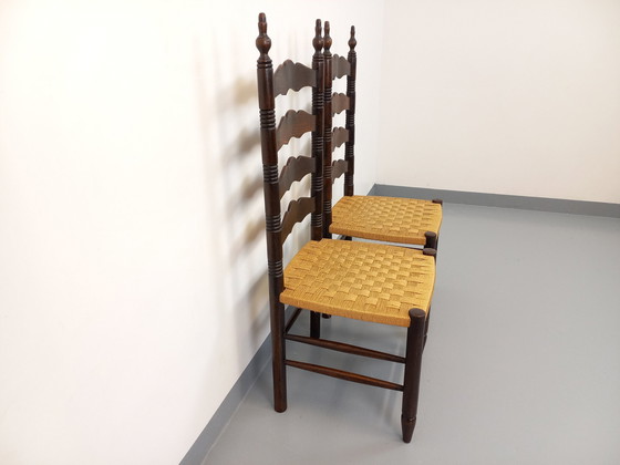 Image 1 of Paire De Chaises Vintage Arts & Crafts Style Antonio Calligaris En Bois De Chêne Et Corde Des Années 50