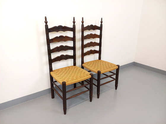Image 1 of Paire De Chaises Vintage Arts & Crafts Style Antonio Calligaris En Bois De Chêne Et Corde Des Années 50
