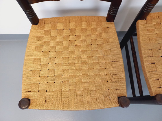 Image 1 of Paire De Chaises Vintage Arts & Crafts Style Antonio Calligaris En Bois De Chêne Et Corde Des Années 50