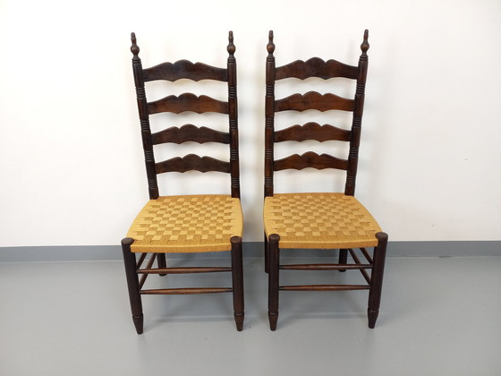 Image 1 of Paire De Chaises Vintage Arts & Crafts Style Antonio Calligaris En Bois De Chêne Et Corde Des Années 50