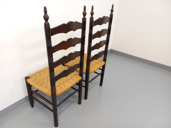 Image 1 of Paire De Chaises Vintage Arts & Crafts Style Antonio Calligaris En Bois De Chêne Et Corde Des Années 50