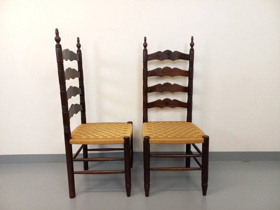 Image 1 of Paire De Chaises Vintage Arts & Crafts Style Antonio Calligaris En Bois De Chêne Et Corde Des Années 50
