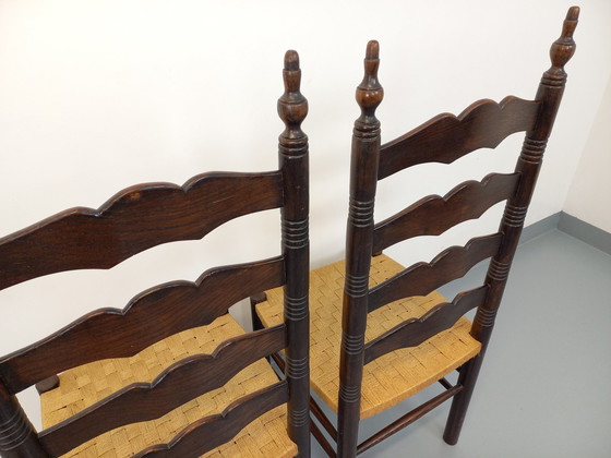 Image 1 of Paire De Chaises Vintage Arts & Crafts Style Antonio Calligaris En Bois De Chêne Et Corde Des Années 50