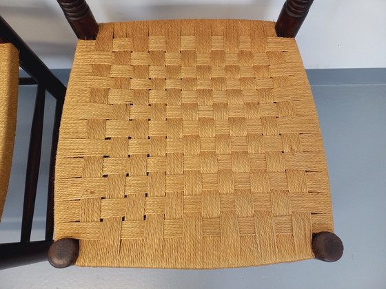 Image 1 of Paire De Chaises Vintage Arts & Crafts Style Antonio Calligaris En Bois De Chêne Et Corde Des Années 50