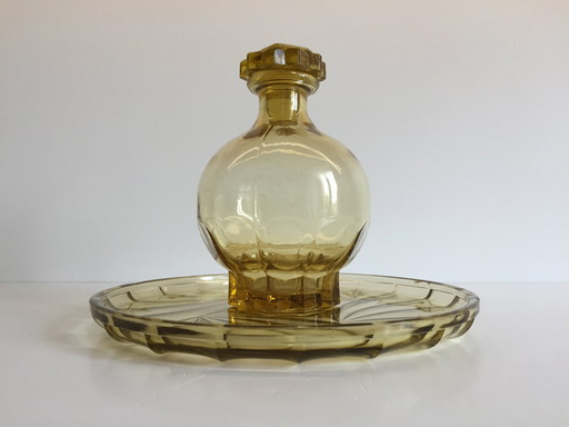 Plateau Et Carafe Art Deco Verre Jaune Ambré France