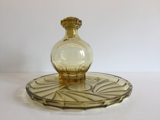 Plateau Et Carafe Art Deco Verre Jaune Ambré France