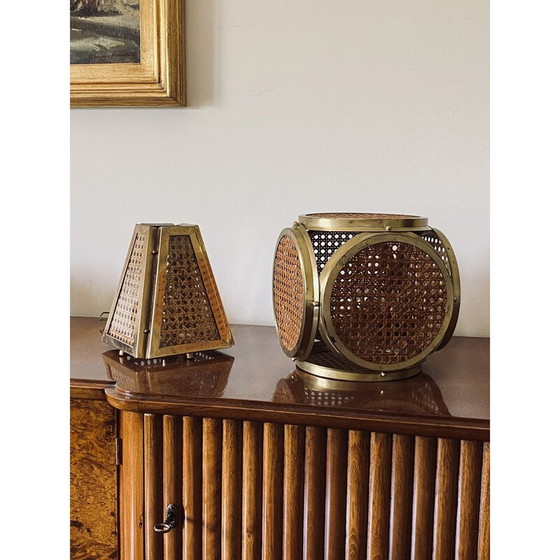 Image 1 of Paire de lampes vintage en laiton et paille, Italie 1960-1970
