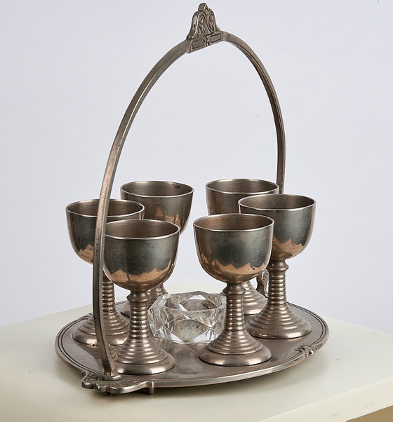 Image 1 of Art Nouveau 6 Coquetiers Set Avec Support Métal Et Verre