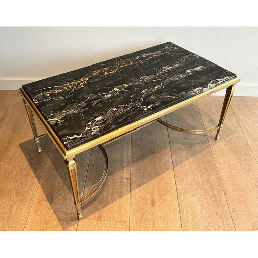 Table basse vintage en bronze avec plateau en marbre noir Portor, 1940