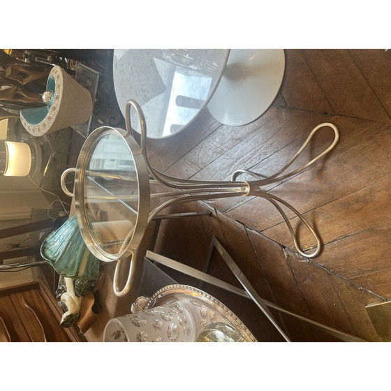 Image 1 of Guéridon tripode vintage en métal argenté et plateau en verre, 1960