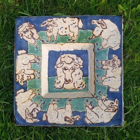 Image 1 of Peinture murale rectangulaire en céramique avec des moutons, années 1980