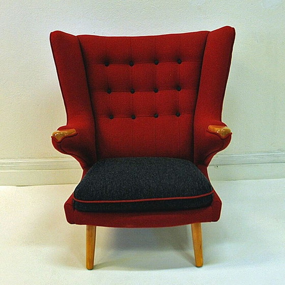 Image 1 of Fauteuil scandinave vintage en laine rouge par Nanna Ditzel, 1950