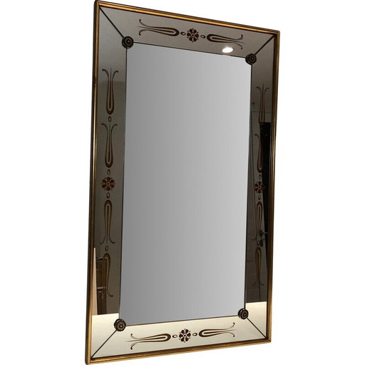 Miroir vintage gravé avec des décorations dorées et rouges, 1970