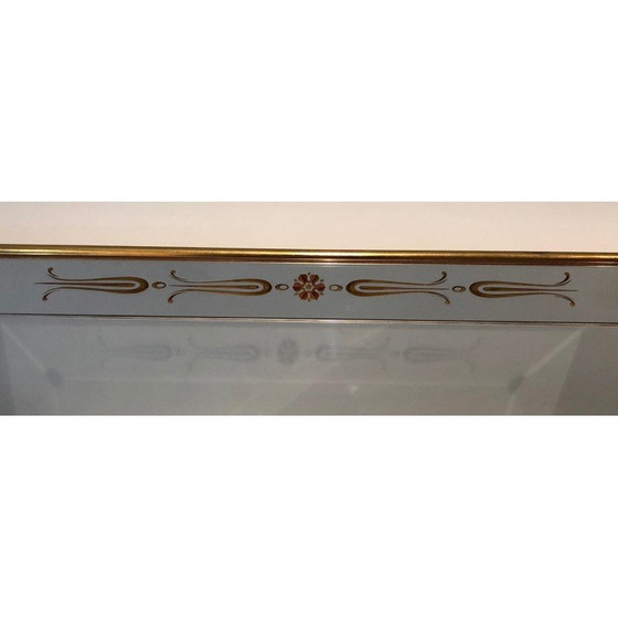 Image 1 of Miroir vintage gravé avec des décorations dorées et rouges, 1970